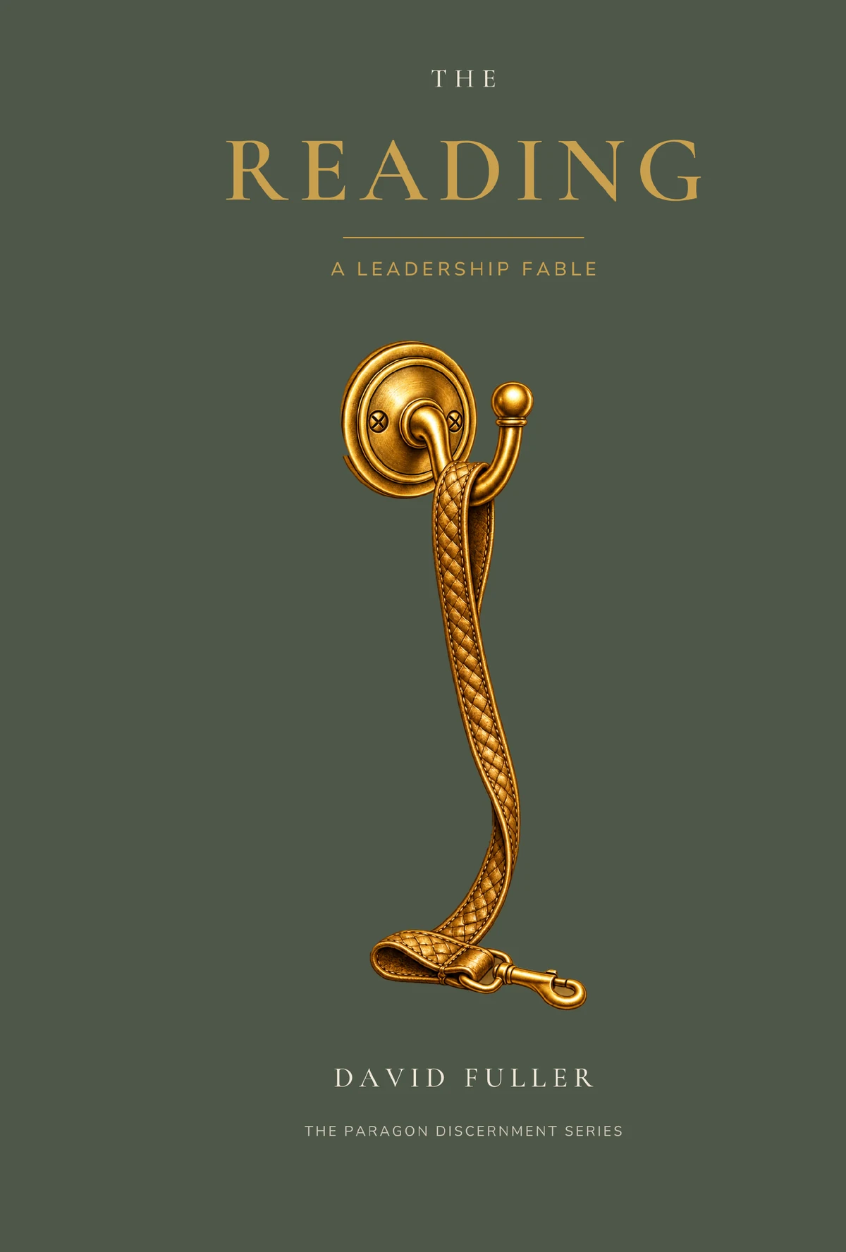 The Reading: front cover, a gold leash on a brass hook on deep green